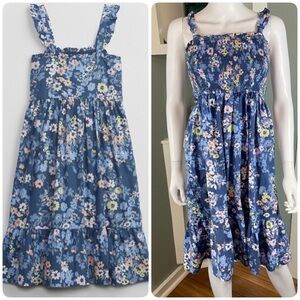 GAP Blue Floral Girls Kids Dress Smocked Tiered Sundress Size 12/XL Cotton
